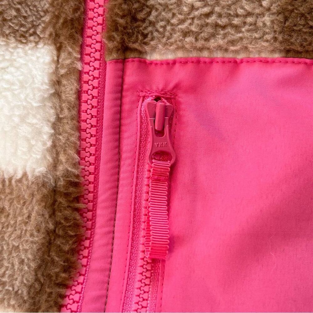 J Crew Tan Checkered Full Zip Sherpa Jacket with Pink Detail Medium - Picture 6 of 10